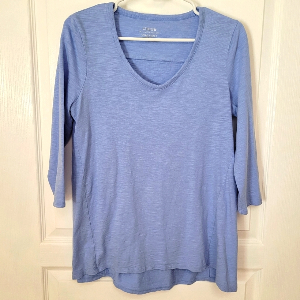 Chico's Women's Size Small Top Baby Blue V-Neck 3/4 Sleeves (Chico's Size 0) EUC